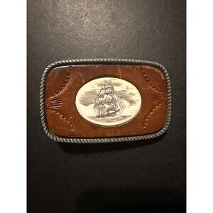 Engraved‎ Ship Design Leather & Metal Belt Buckle Rectangular Western Style